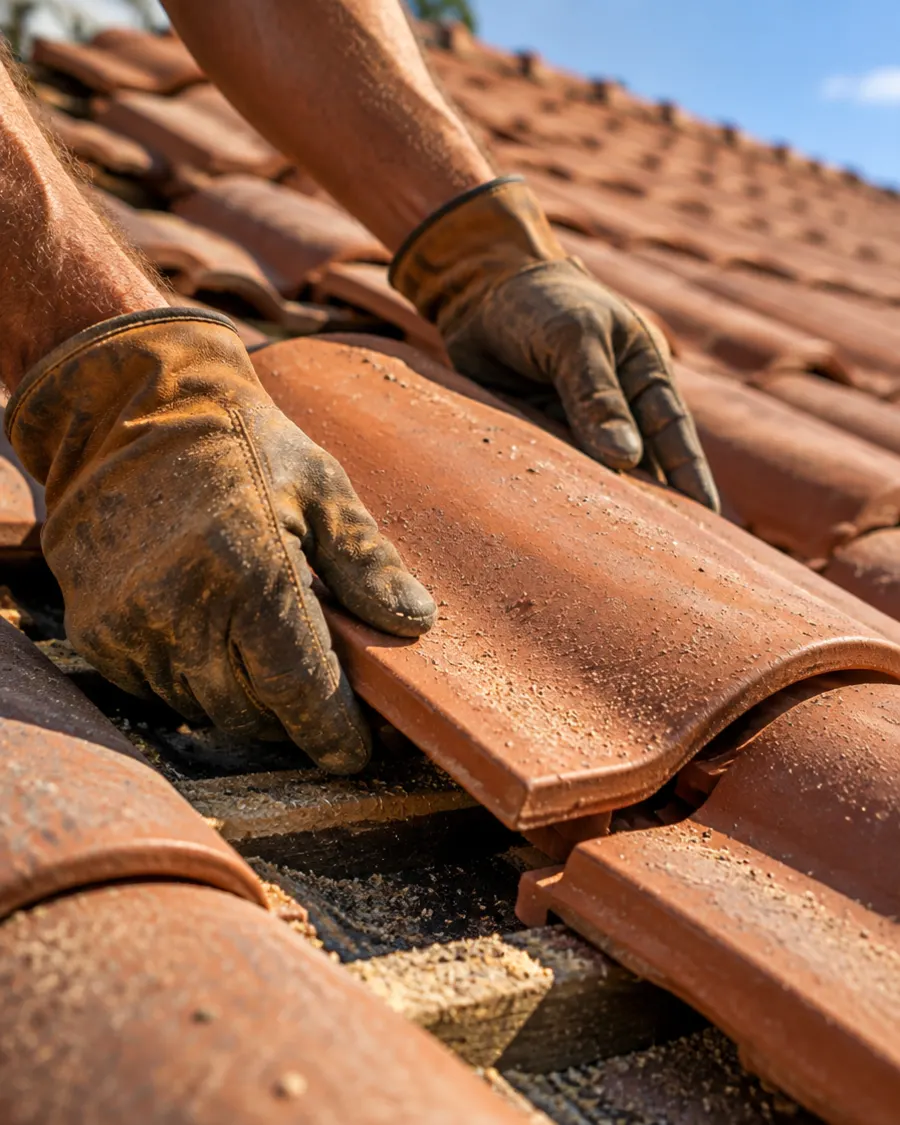 Gloved hands setting a terracotta clay tile into place on a roof